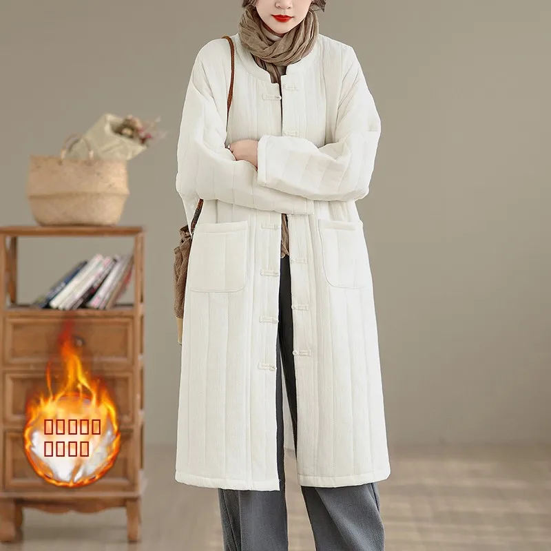

New Chinese Sle Retro Button Warm Cotton Outerwear Women's Winter Loose Midi Length Silk Zen Cotton Coat