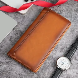 Men's Wallet Vintage Oil Wax Genuine Leather Long Wallet Men's RFID Anti Magnetic and Anti theft Brush Short Wallet