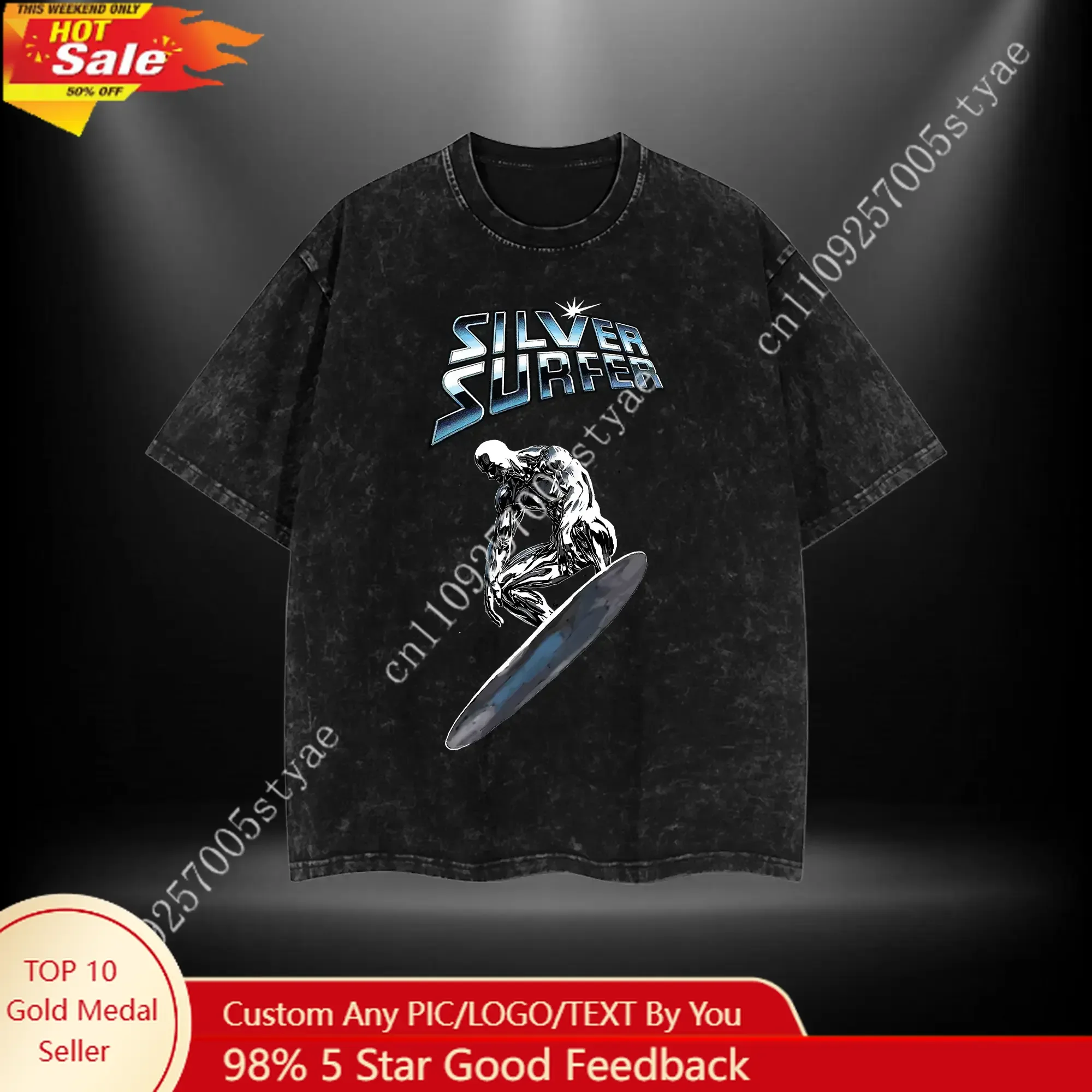 Marvel Silver Surfer Fantastic 4 MCU Comic Double Printed Oversize Lightweight Acid Washed Tee Graphic Top Cotton Streetwear