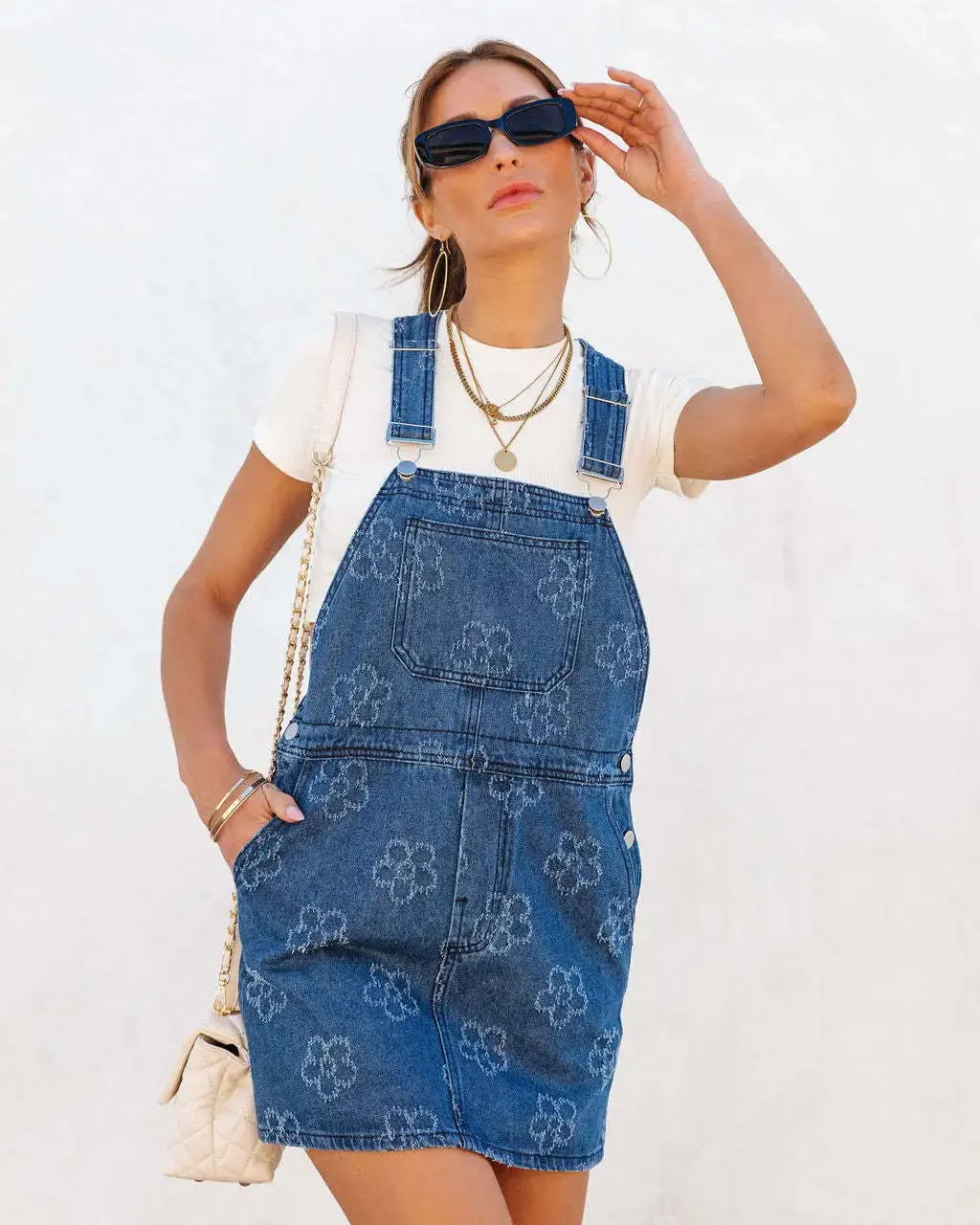 Europe and the United States new fashion casual full jacquard trend denim one-piece suspenders dress for women