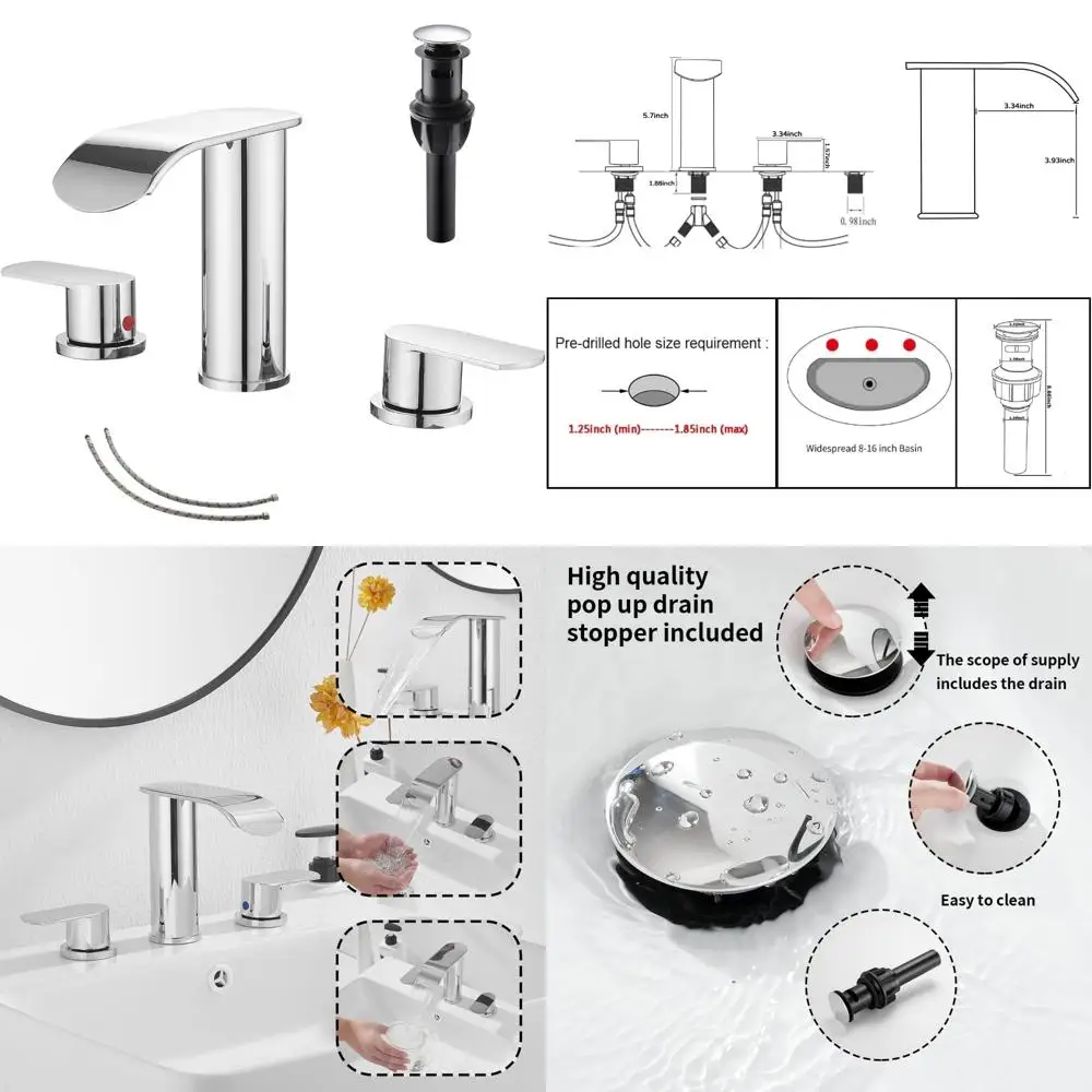 

Polished Chrome 3-Hole 8 Widespread Bathroom Sink Faucet with 2 Handles, Waterfall Design Mixer Tap for Modern Sinks
