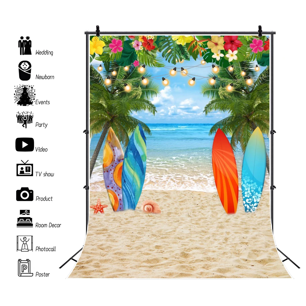 Summer Beach Backdrop for Photography Hawaii Aloha Seaside Tropical Palm Tree Surfboard Baby Birthday Party Photo Background