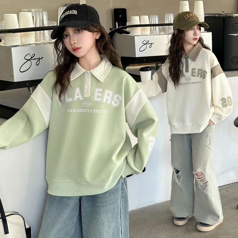 

Children Autumn Clothes Letter Print Polo Sweatshirt with Turn-Down Collar for Teenager Girls Fashion Outfits Kids Age 5-14 Y