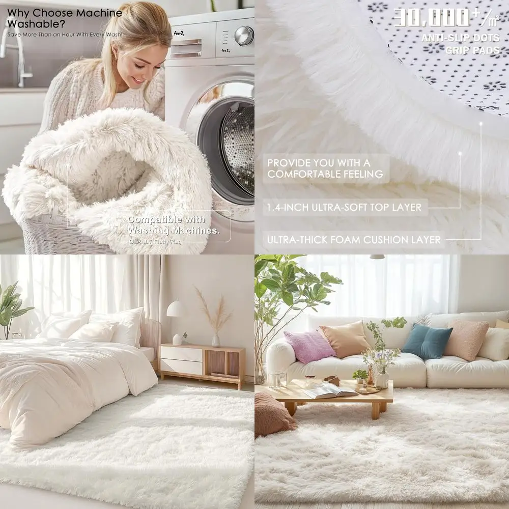 

Large 5x7 Washable Shaggy Rugs for Living Spaces, Bedrooms, Kids Rooms, and Dorms - Soft Ivory