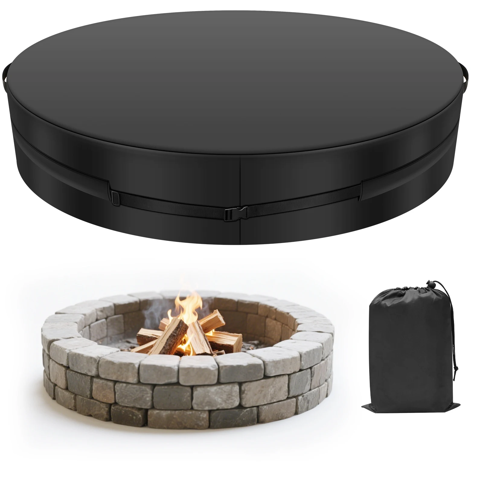 

Round Fire Pit Cover Tear Resistant Oxford Fabric Waterproof Cover with Adjustable Buckle Strap Black Patio BBQ Grill Cover