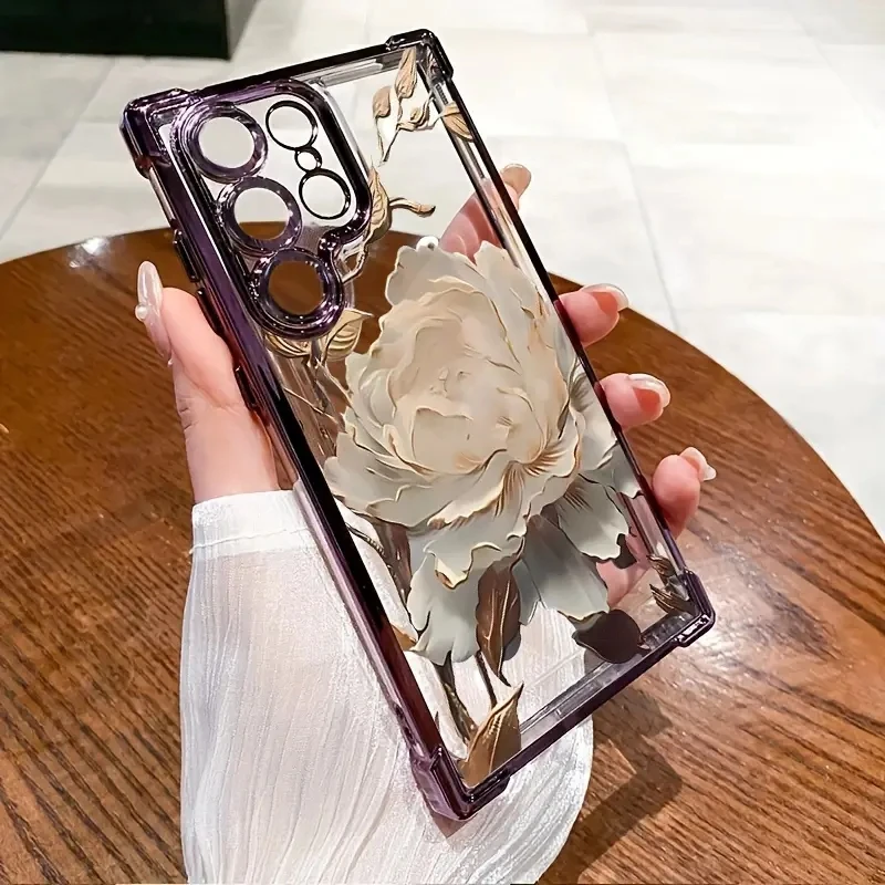 For Samsung S24 A55 5G S25 Ultra Case Elegant Golden Lotus Flower Plating Airbag Phone Case for Galaxy S23 S22 S21FE A36 A35 A54 - náhled 2