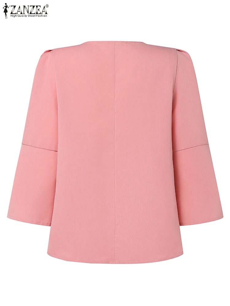 ZANZEA Women Blouse 2025 Autumn Vintage Solid Office Lady 3/4 Puff Sleeve Tops Round Neck Waisted Blusas Tunics Buttons Shirts