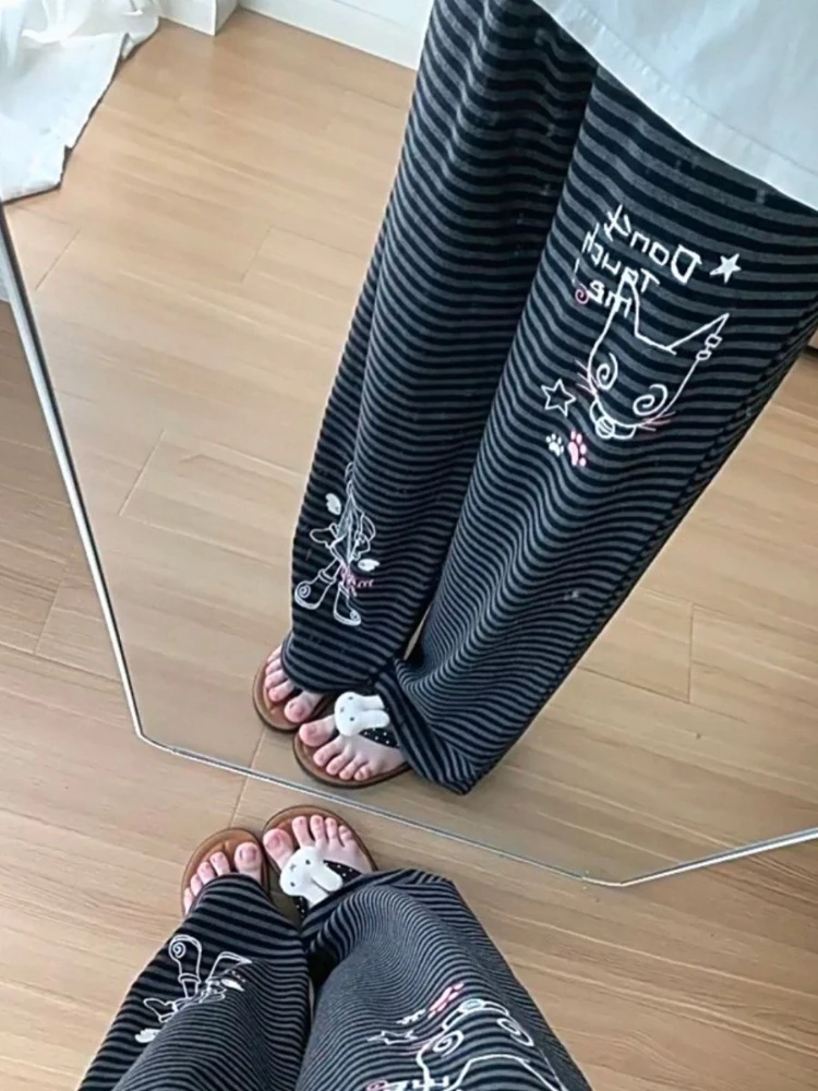 HOUZHOU Y2k Kawaii Gray Striped Graphic Women Pants Pink Cute Wide Leg Japanese Style Straight Trousers Baggy Casual All-match