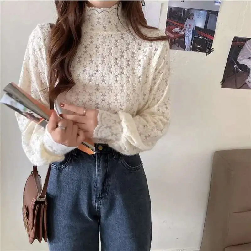 Women Spring Streetwear Knitted Sweater Hollow Lace Elegant Knitwear With Frayed Raw Hem Long Sleeve Ladies Solid Knitting Tops