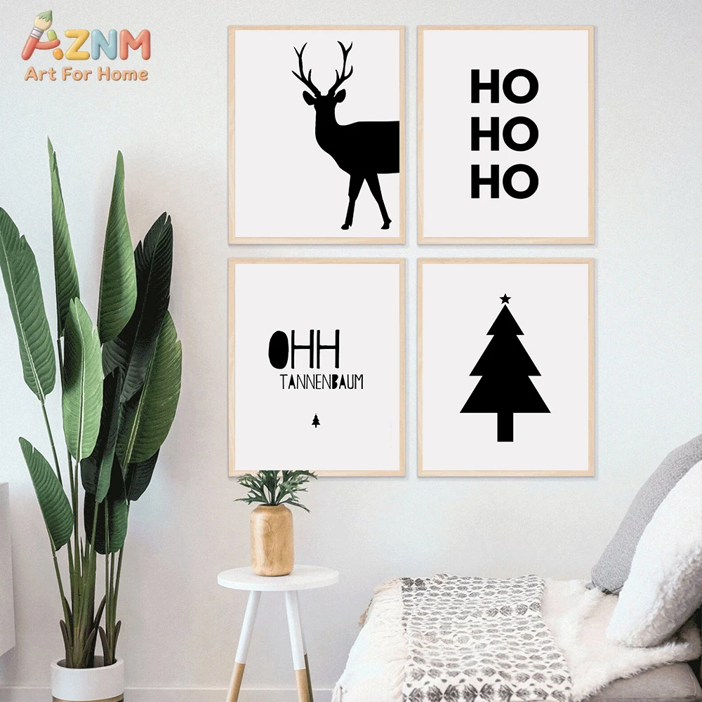 AZNM Minimal Christmas Silhouette Canvas Wall Art, Deer Tree Ho Ho Ho Quote Black White Print Neutral Winter Holiday Home Living