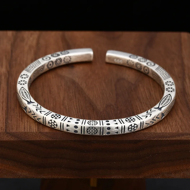 BOCAI New Real S999 Sterling Silver Charms Bracelets for Men Antique Ancient Totem Pattern Punk Bangle Fine Choice Jewelry