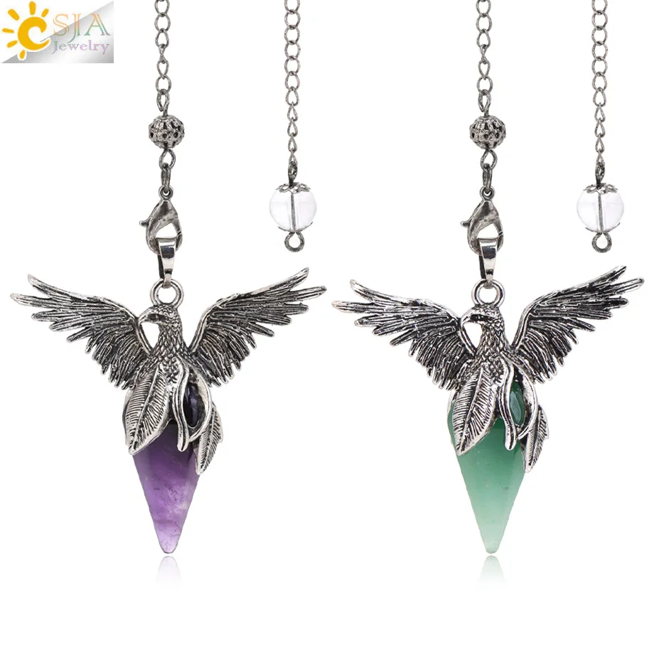 CSJA Vintage Phoenix Bird Crystal Pendulum for Energy Dowsing Divination Natural Stone Angel Wing Pendant Pendule Pendulos H895