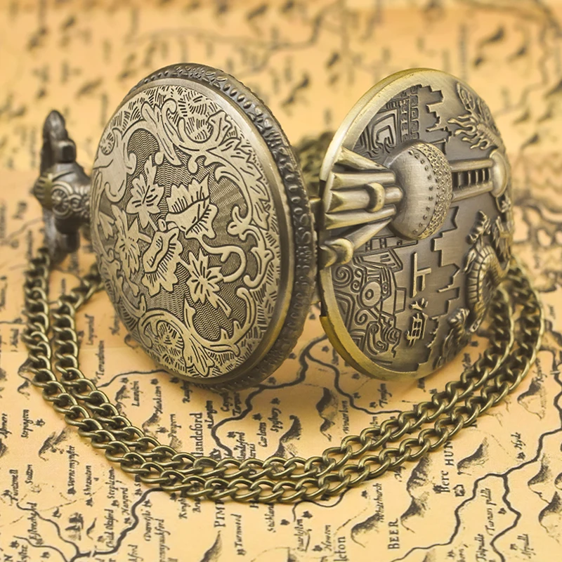 خمر البرونزية Steampunk شنغهاي الجذب منحوتة ساعة جيب كوارتز قلادة قلادة ساعة سلسلة الرجال سلسلة نسائية هدية