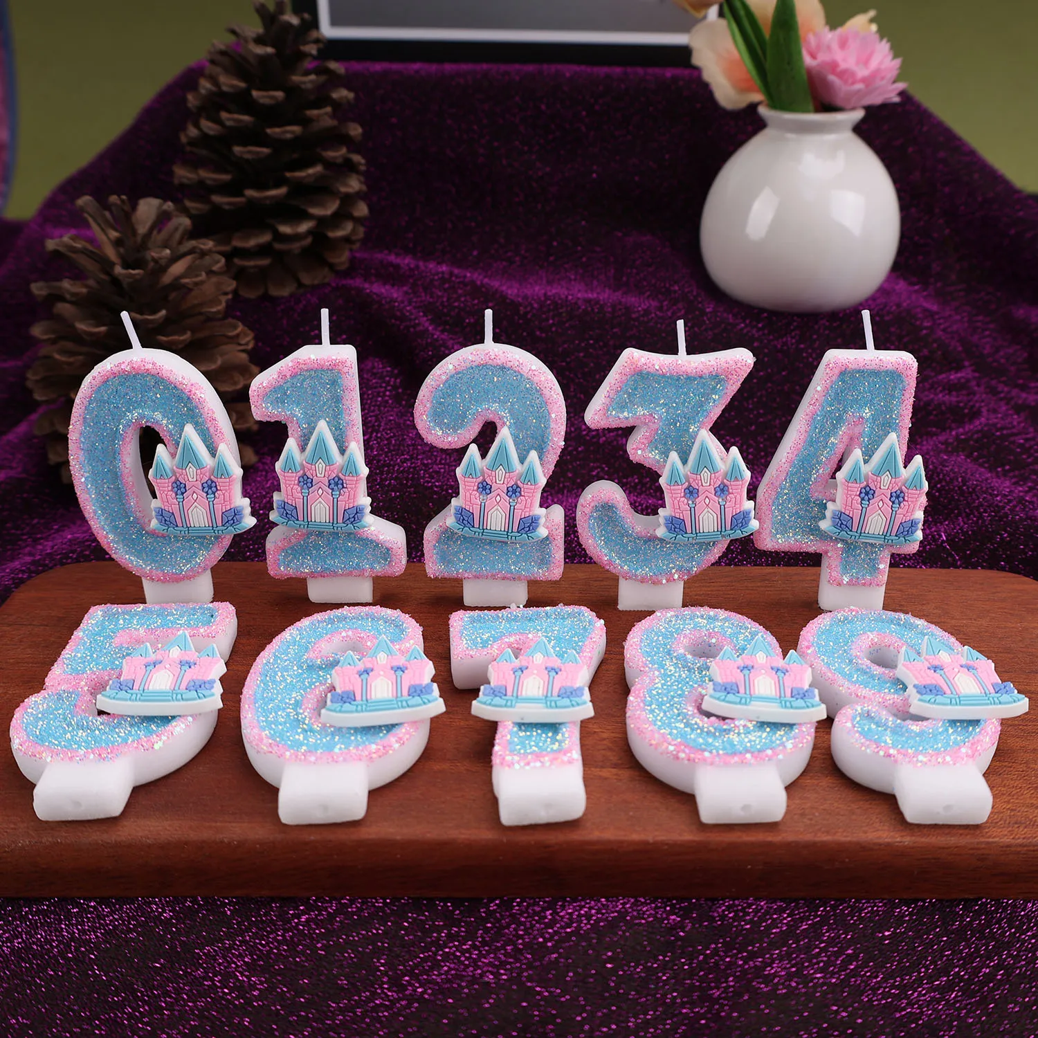 Pink and blue fringed dream castle digital birthday candles, holiday anniversary candles, party gifts