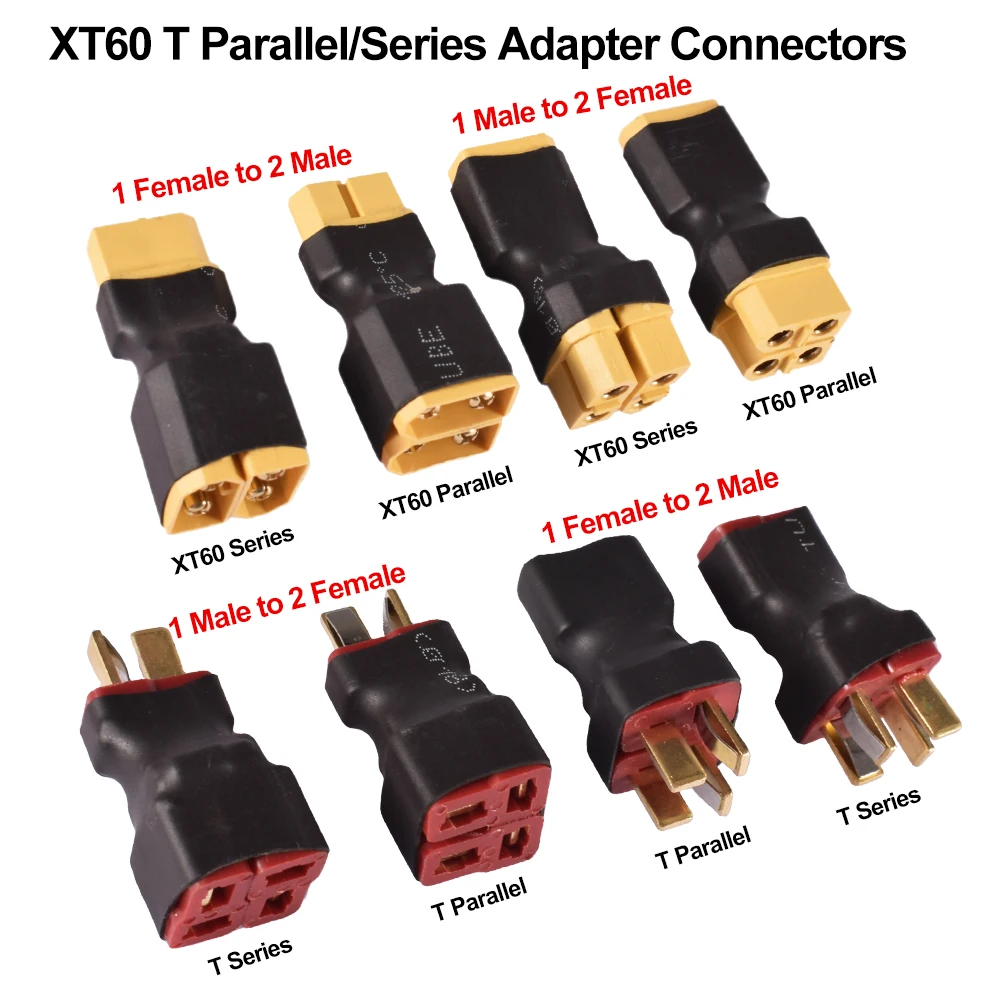 9IMOD 1/2pcs XT60 T Parallel/Series Adapter Connectors No Wire 1 Female to 2 Male/1 Male to 2 Female Plug for RC Lipo Battery