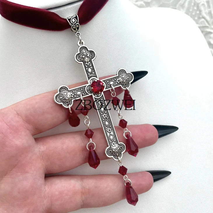 Large Cross Choker, Red Goth Choker, Gothic Cross, Goth Cross Velvet Choker, Red Velvet Choker with Cross, Velvet Cross Choker,