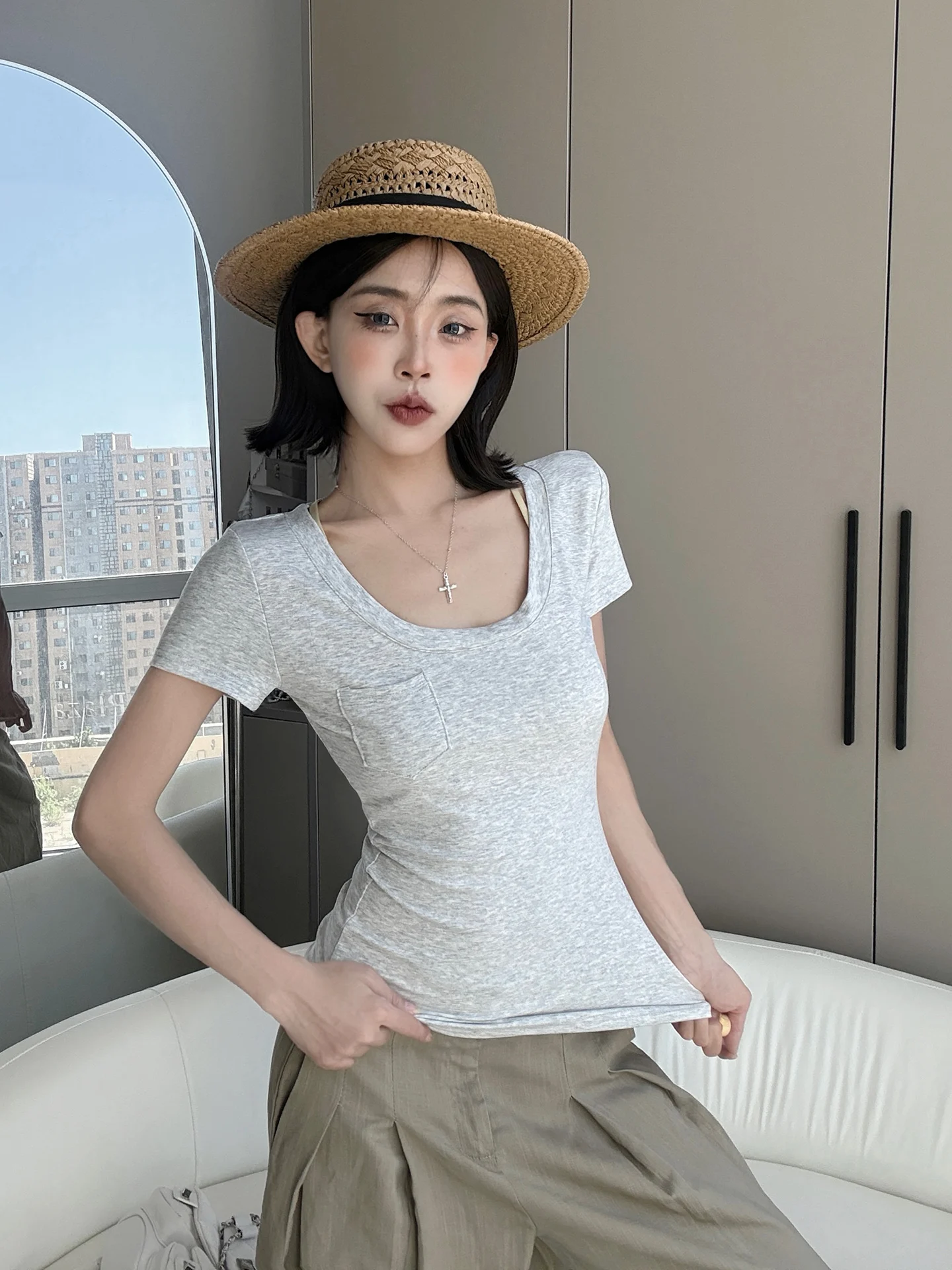 MianCun Milk Skin Mask T-Shoulder Modal Short Sleeve U-Neck Slimming Women's Top Sexy Style Casual Wear for Ladies