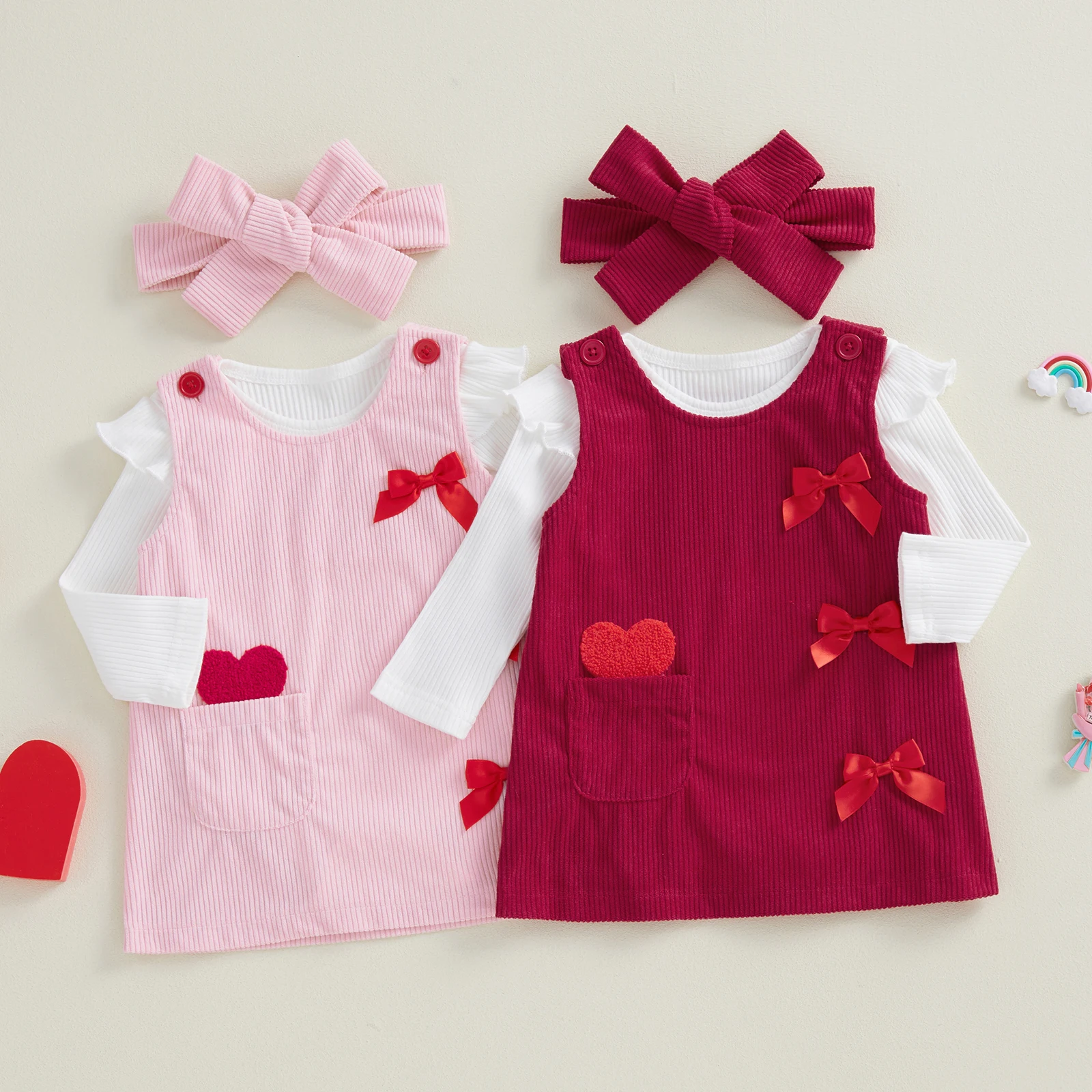 Newborn Infant Baby Girl Valentine’s Day Clothing Outfits Solid Long Sleeve Romper + Overall Dress + Headband Set