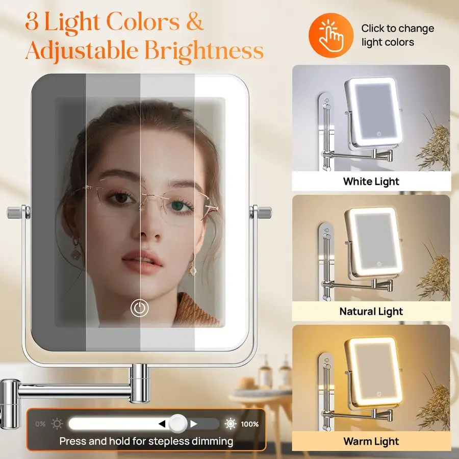 Height Adjustable Wall Mounted Lighted Makeup Mirror with Hooks, 3000mAh Rechargeable with 1X 10X Magnification, 3 Light Colors