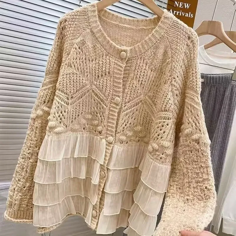 

Autumn Sweet Mori Style Chiffon Stitching O neck Knitted Cardigan Sweater Women Long Sleeve Twist Sweater 2023