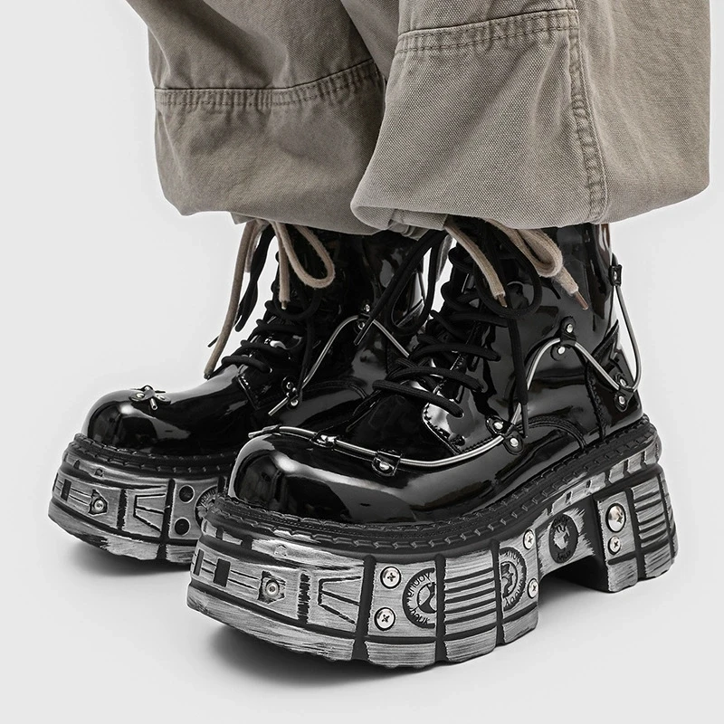 

Gothic Punk Style Flame Patchwork Round Toe Thick Sole Platform Chunky Heels Men Ankle Boots Lace Up Western Street Casual Shoes