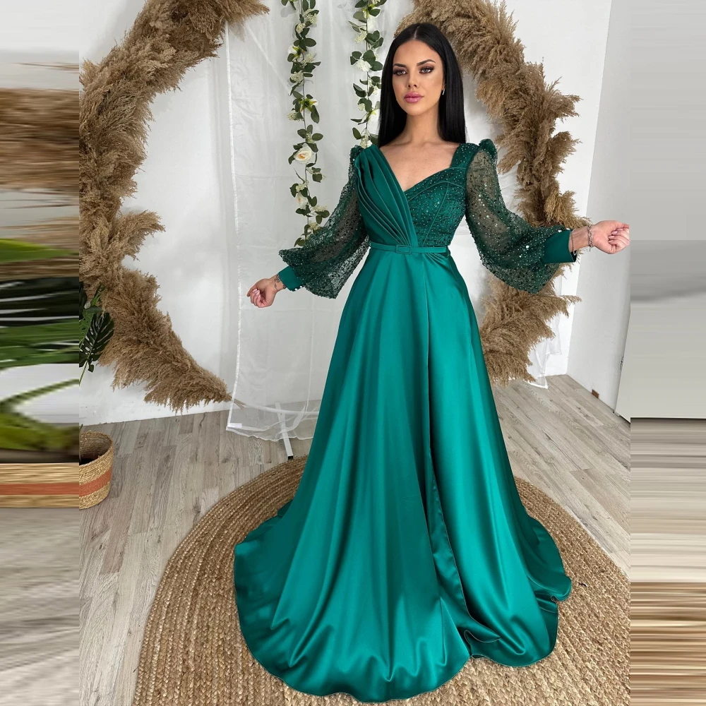 

Carolina V-Neck Sparkly Green Evening Dresses 2023 Saudi Arabia Women Puffy Sleeves Wedding Guest Elegant Formal Party Gowns