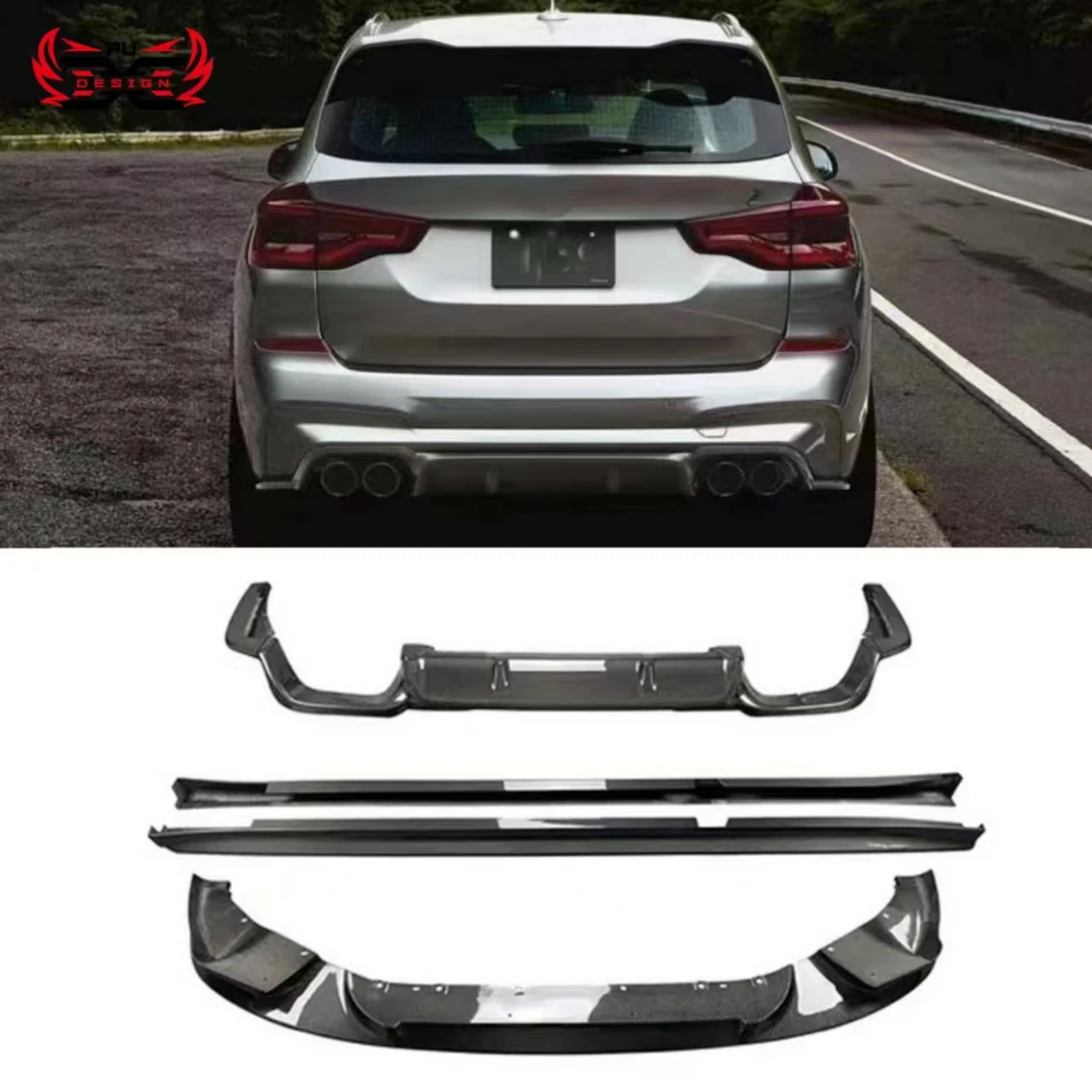 3D Style For BMW X3M F97 X4M Carbon Fiber Front Bumper Lip Front Splitter Rear Diffuser Side Skirts  2019-2021