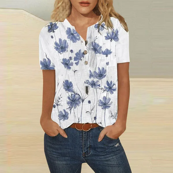 

Leisure Women's Loose and Versatile Short sleeved 2024 New Summer Button Top 3D Flower Print Daily T-shirt WG19
