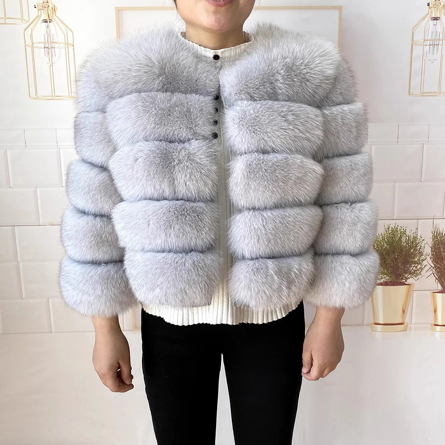 100% Real Fox Fur Coat Winter Women Round Neck Genuine Fur Coat Clothes Thick Warmer Long Sleeves Natural Fur Jackets Outwear