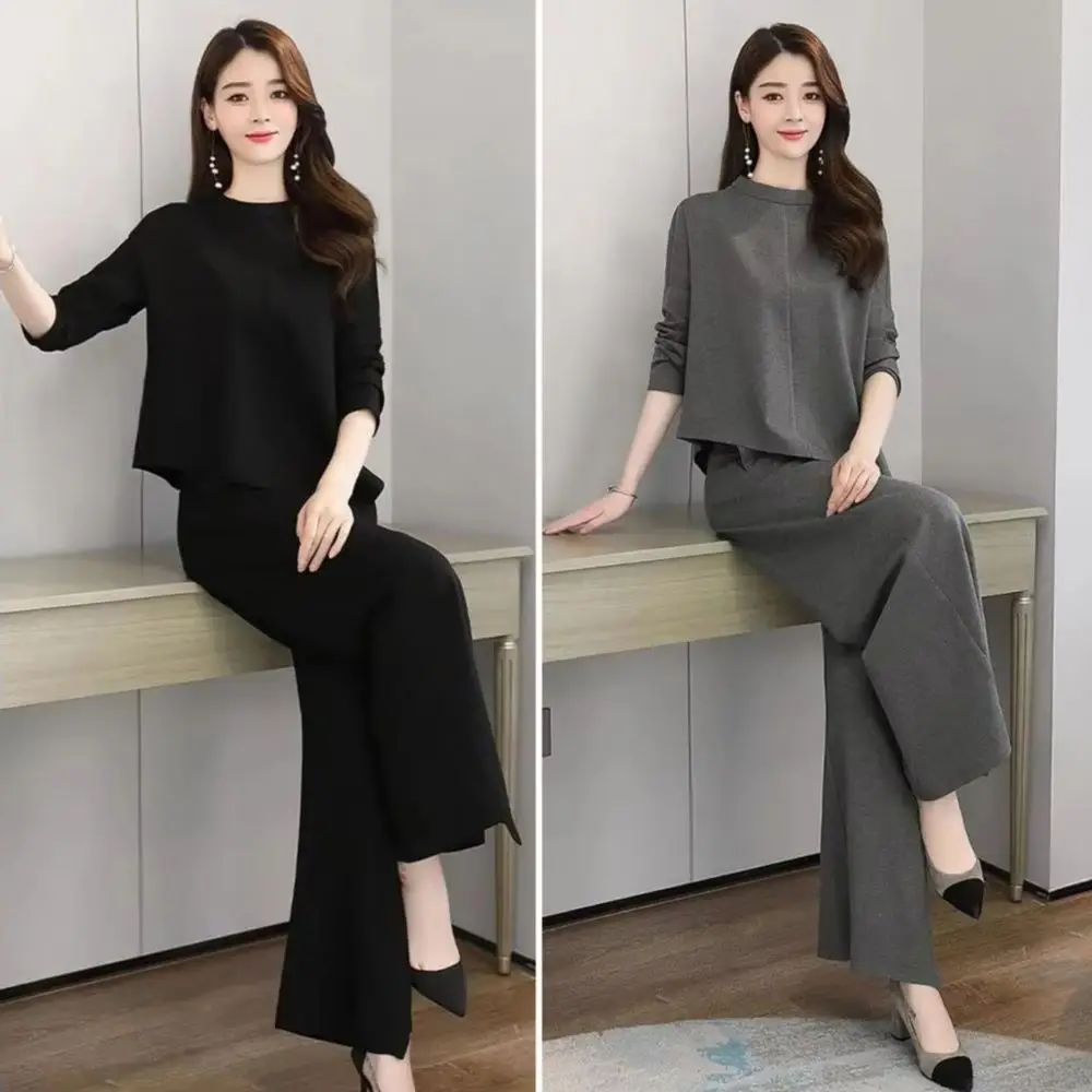 2 Pcs/Set Women Top Pants Suit Round Neck Long Sleeves Irregular Hem Blouse Wide Leg A-line Fall Spring Commuting Clothes