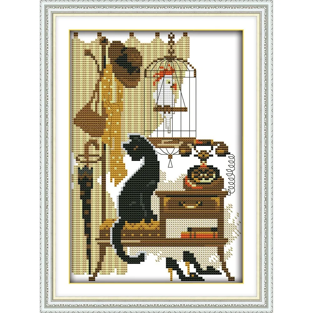 

Joy Sunday New Stamped Cross Stitch Ki,11CT/14CT/16CTDIY Easy Pattern Aida Fabric Embroidery Set-Black Cat and Parrot