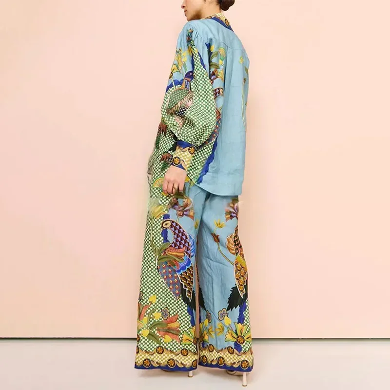 

2025 Comfort Casual Fashion Early Spring Lazy Style Shirt Set New Print Lantern Sleeve Wide Leg Pants Women's Clothing Skirt Set