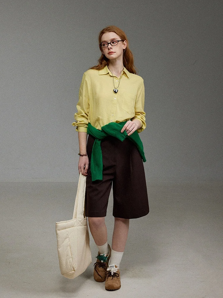 

LITLECOT Yellow Skin-friendly irt Women's Spring Autumn New Sle Single Button Commute irt Straight Tube Long Sve