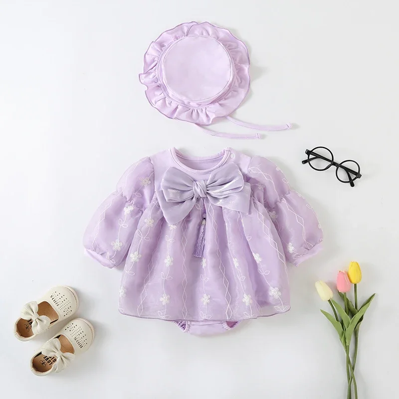 LILIGIRL New Autumn Baby Girls Bodysuit with Hat Infant Big Bow Long Sleeve One Piece Floral Mesh Dress Toddler Clothes  0-24M