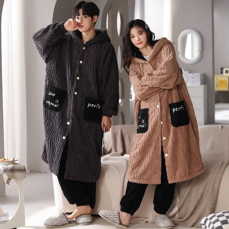 

New Winter Long Thickened Coral Fleece Robe Set Couple Bathrobe Flannel Pajamas Unisex Warm Homewear Women Men Outer Wearable