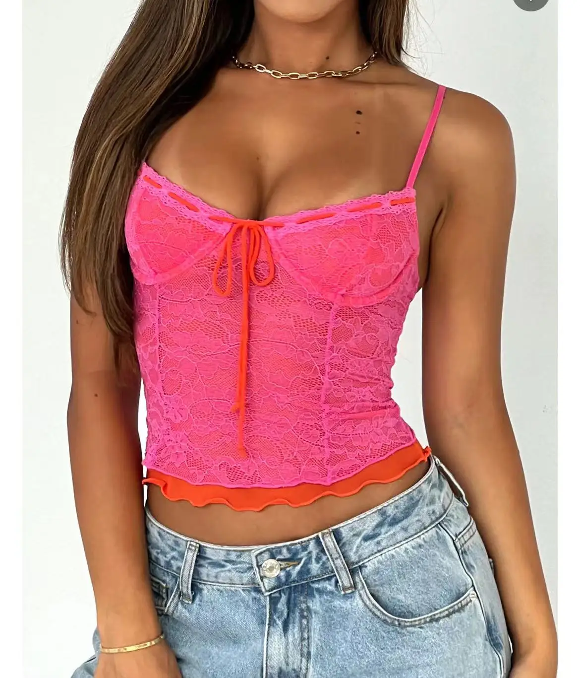 Women Lace Top Spaghetti Straps Tie-up Patchwork Slim Fit Summer Casual Tops