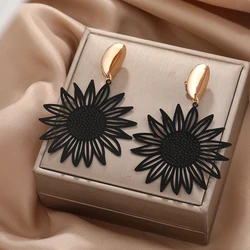 2024 Vintage Big Black Flower Clip on Earrings for Women Exaggerated Rock Personality Non Pierced Earrings Wedding Party Jewelry