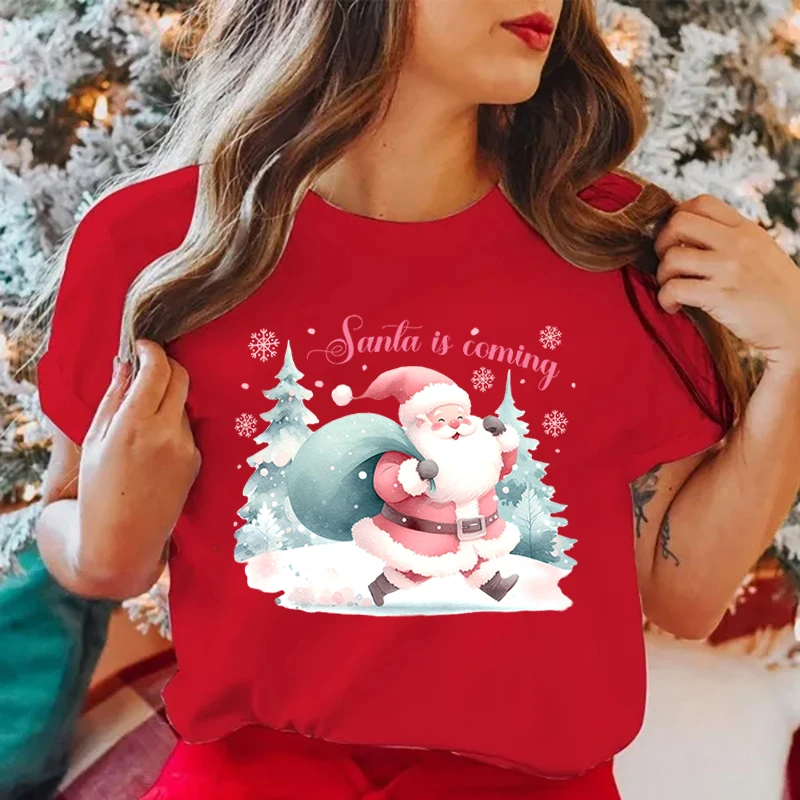 

Hot Christmas Santa Is Coming Graphic Short Sleeve T-Shirts For Women Men Shirts Loose T-Shirt Casual Summer T-Shirts