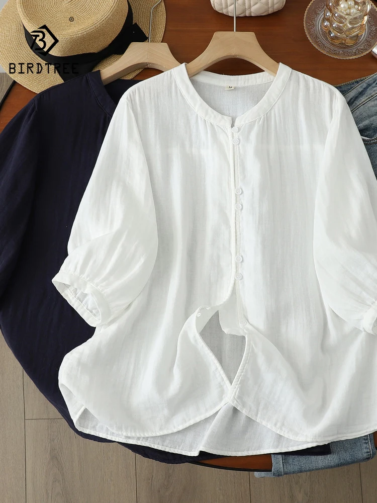 

New 2026 Summer Women Cotton Yarn 3/4 Sleeve Shirt, Stand Solid, Mori Girl Preppy Style Breathable Thin Loose Blouse T65522CC
