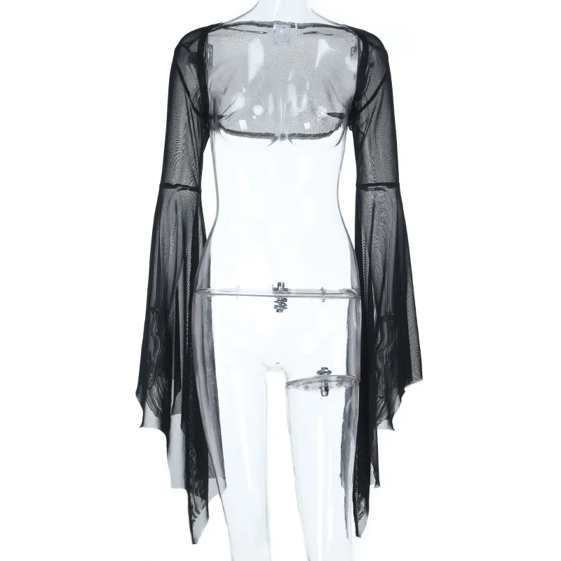 Goth Dark Mall Gothic Mesh See Through Crop Shrug Tops Women Chic Coat Techwear Y2K Grunge Batwing Sleeve Sunscreen Smock Blouse