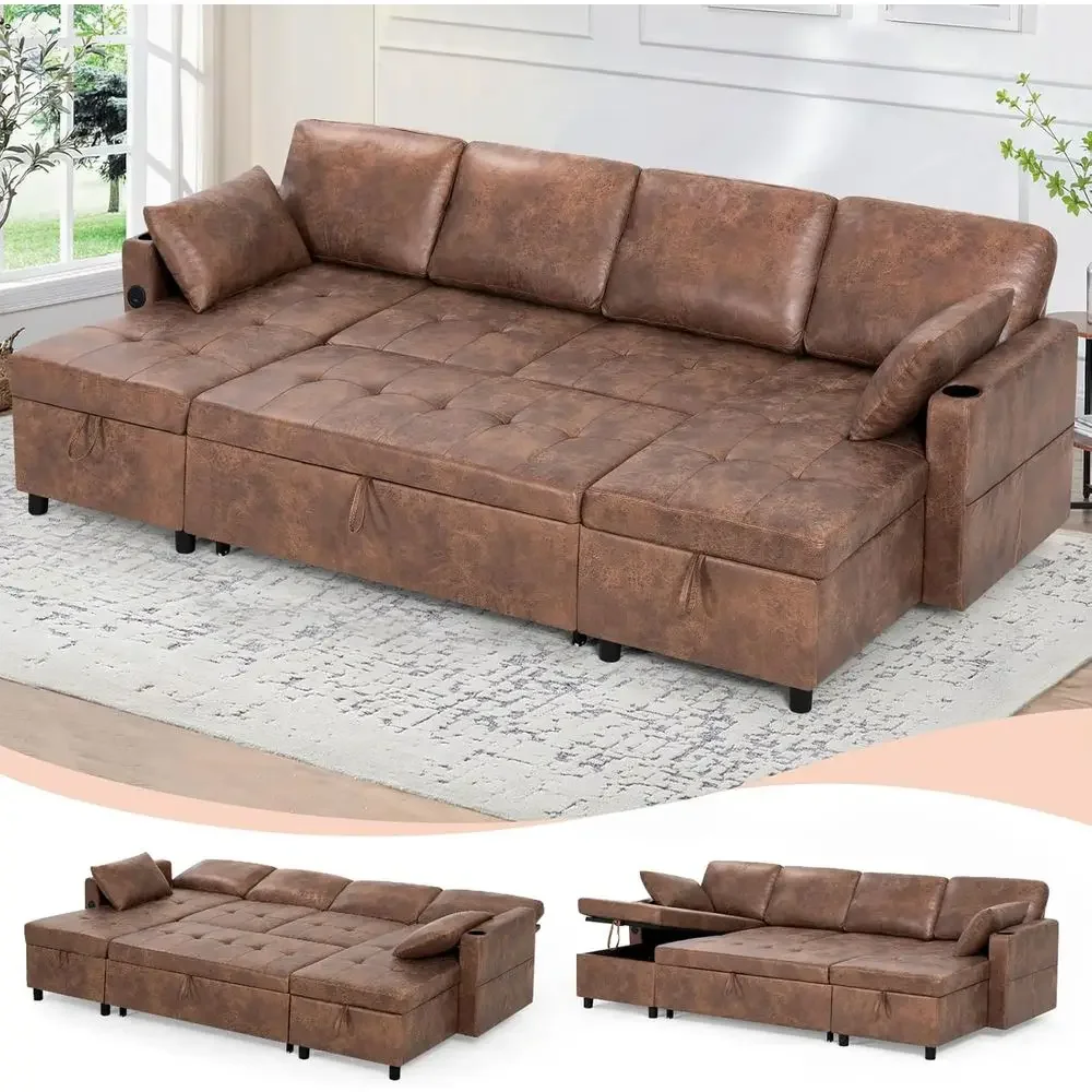 Brown 110 Suede Leather Sleeper Sofa with Pull-Out Bed, U-Shape Sectional Sofa Bed with Adjustable Backrest and Storage Chaises,