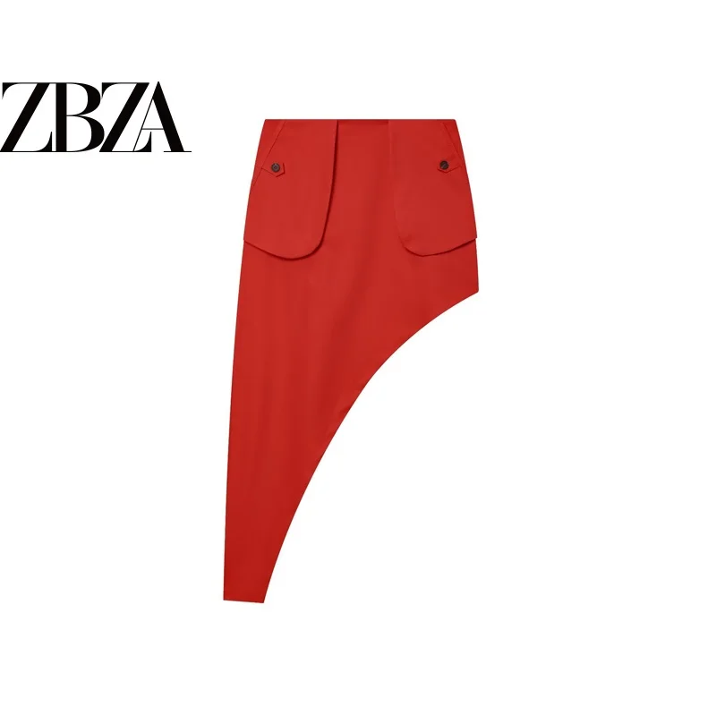 Fashionable Pure Color Asymmetric Pocket  Skirt Women's Stylish Versatile Half-length Skirt Polyester Fabric Regular Fit