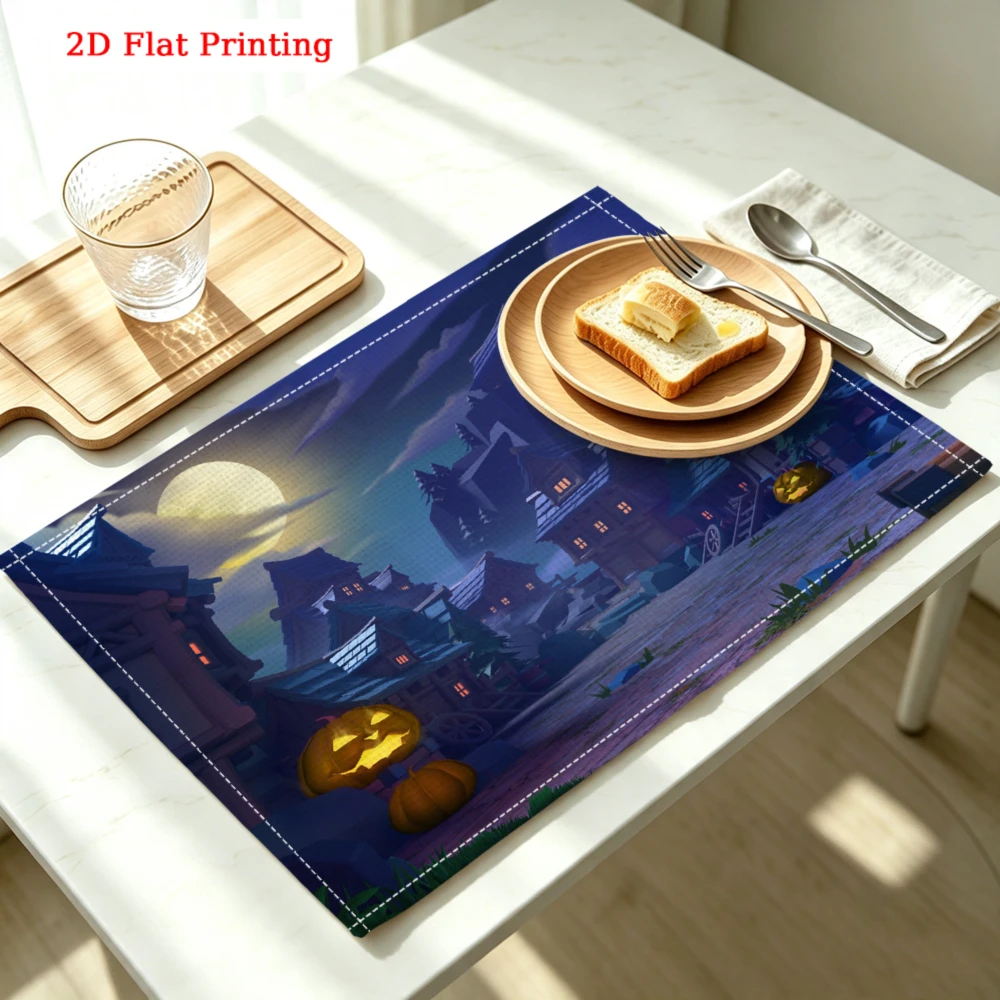 1Pc Halloween Night Village Placemat Blue Pumpkin Moon Print Table Mat Kitchen Dining Decor Protection 30X40Cm