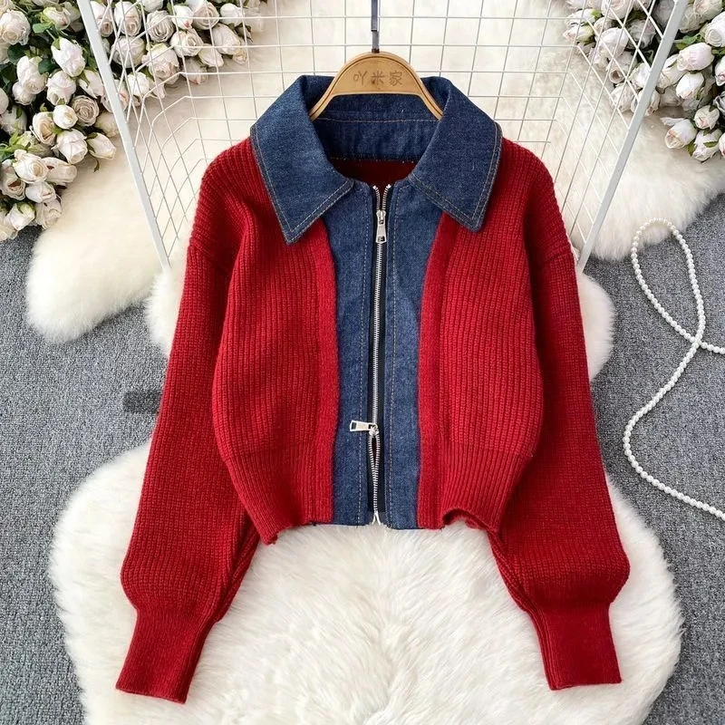 

Женский джинсовый лоскутный короткий вязаный кардиган, модная корейская версия, свободный свитер с длинными рукавами и лацканами, пальто, женский повседневный топ