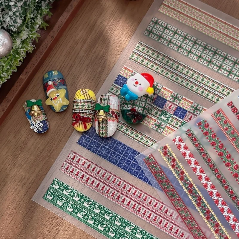 Winter Sweater Plaid Nail Stickers Retro Woolen Fabric Rose Cluster Brocade Christmas Adhesive 3DNail Art Sticker Manicure Decal
