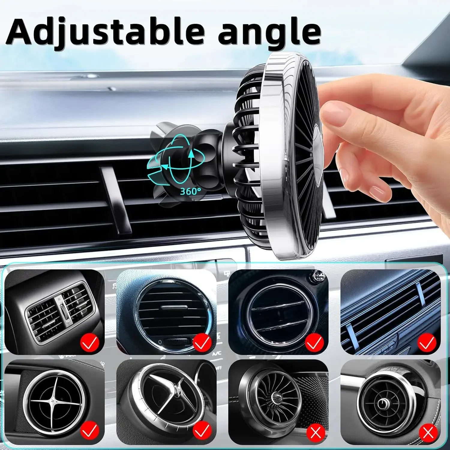 360 ° rotatable LED mini automatic cooling fan, USB powered car ventilation fan, universal clip on car exhaust fan, low noise
