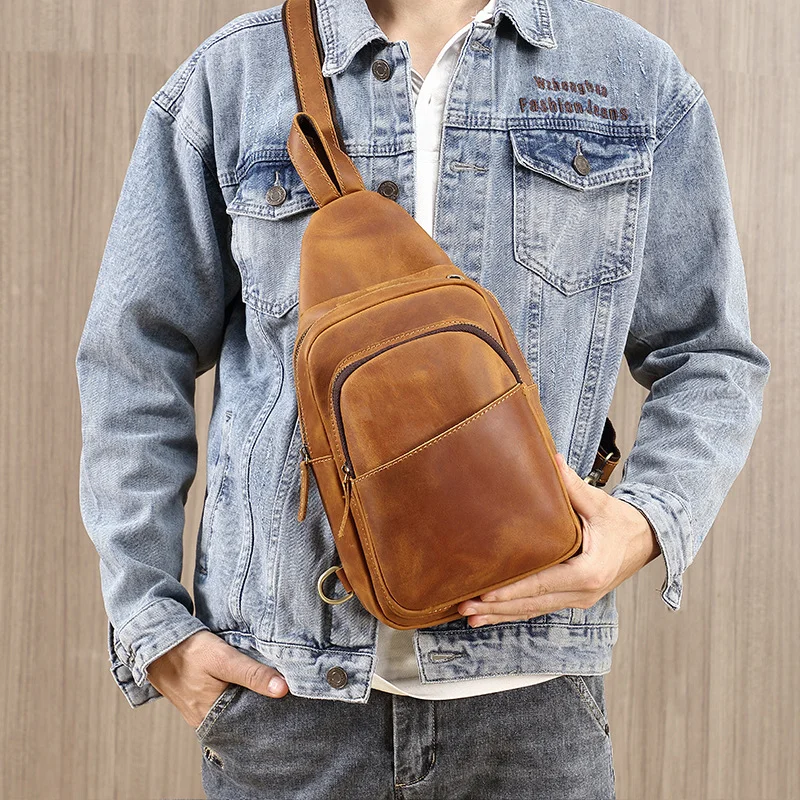 Vintage Crazy Horse Leather Chest Bag Casual Top Tier Cowhide Sports Outdoor Shoulder Bag Crossbody Bag Handmade Leather Trendy