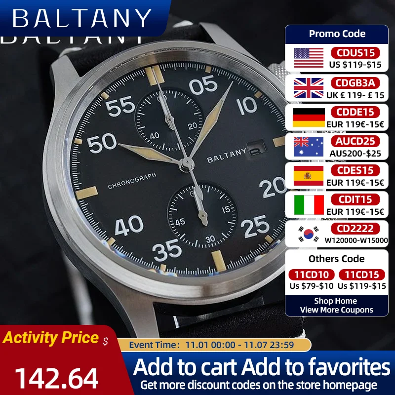 Baltany Solar Vintage Military Wristwatches Sapphire Luminous Leather 10ATM Stainless Steel Pilot Calendar Chronograph Watches