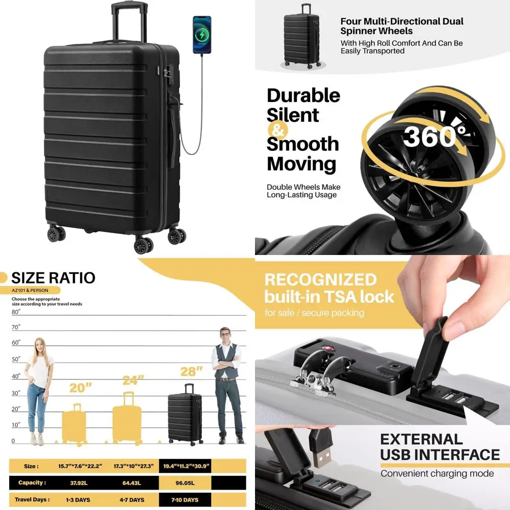 

Lightweight ABS Hardside Luggage with USB Port, TSA Lock, Wheels for Large 28 Inch Black Travel Suitcase