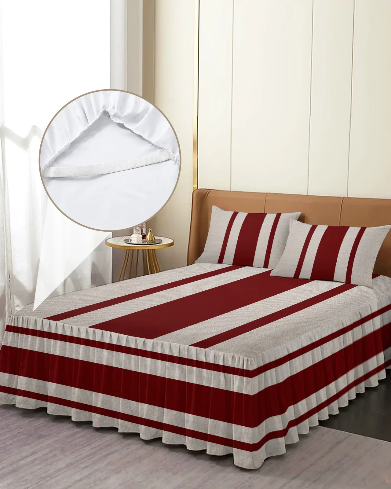 Vintage Stripe Texture Red Bed Skirt Elastic Fitted Bedspread With Pillowcases Mattress Cover Bedding Set Bed Sheet